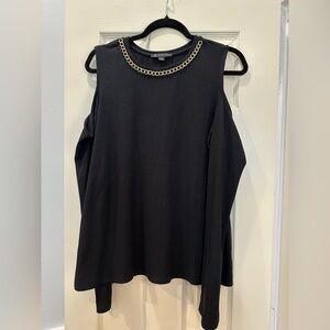 INC International Concepts Black Top with Gold Chain Detail- Cold-Shoulder Top